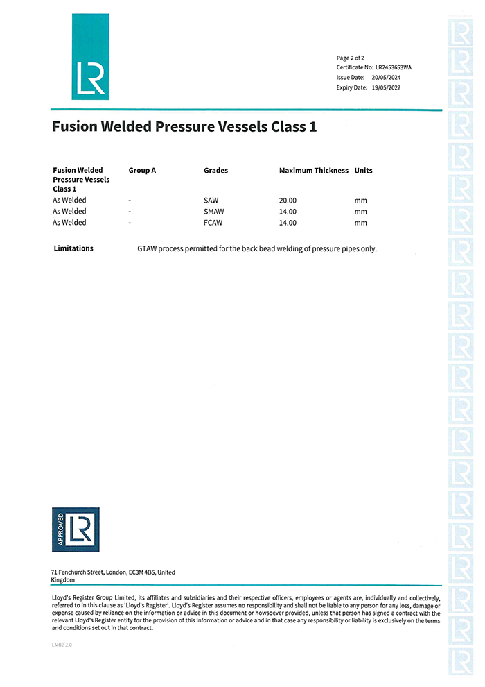LR船級社工廠認可證書